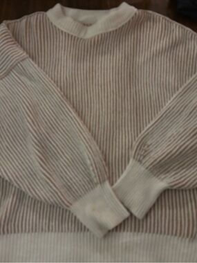 aerie Cream and Tan Pink Striped Crewneck Sweater